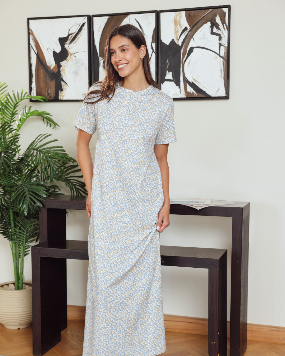 Women's Round Neck Half Sleeve Printed Night Shirt