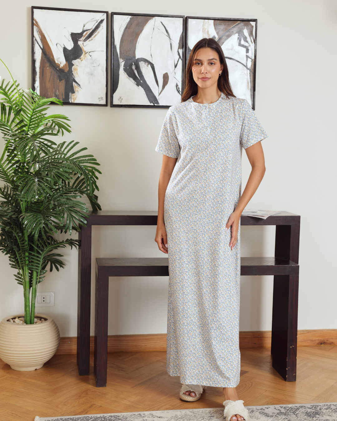 Women's Round Neck Half Sleeve Printed Night Shirt