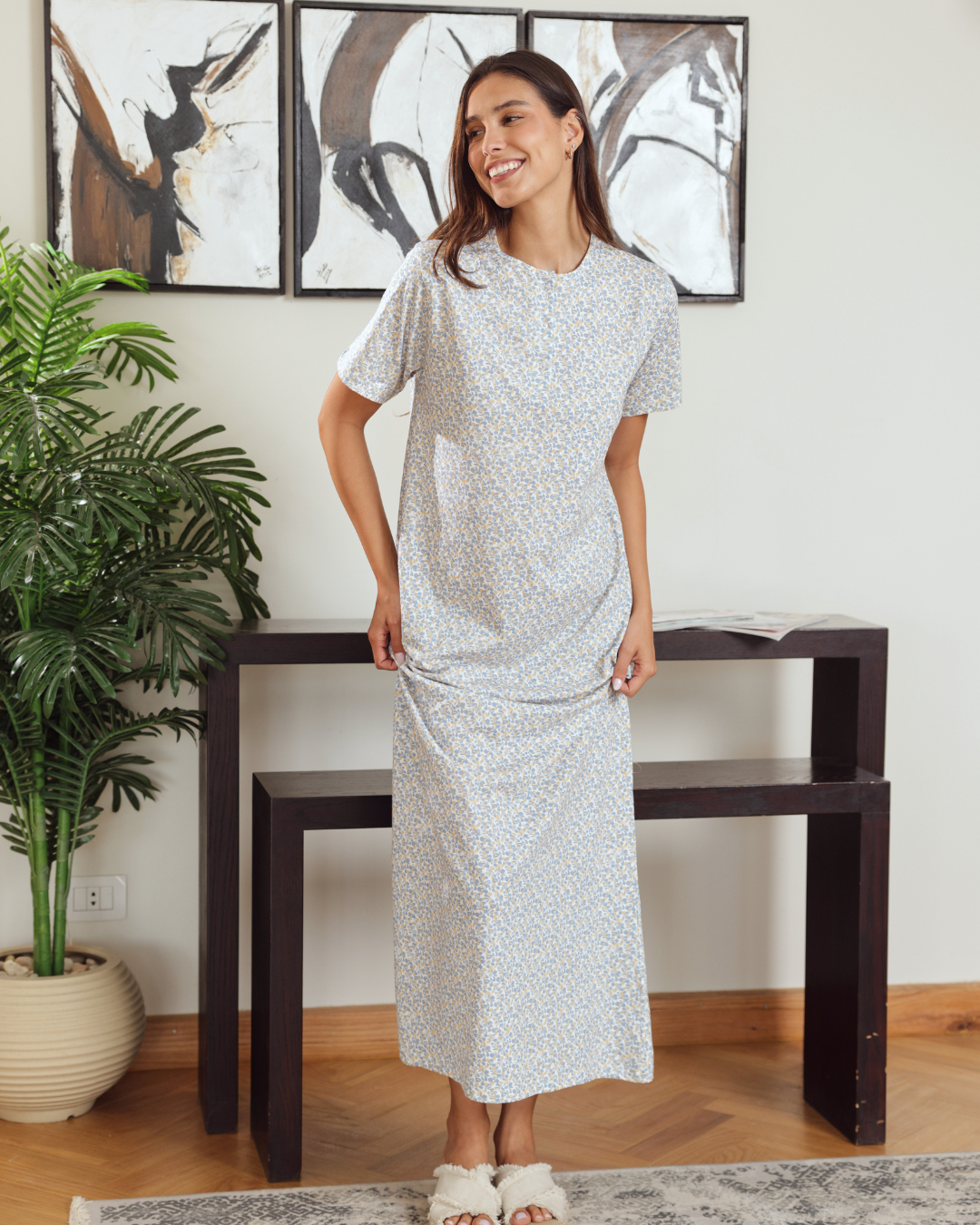 Women's Round Neck Half Sleeve Printed Night Shirt