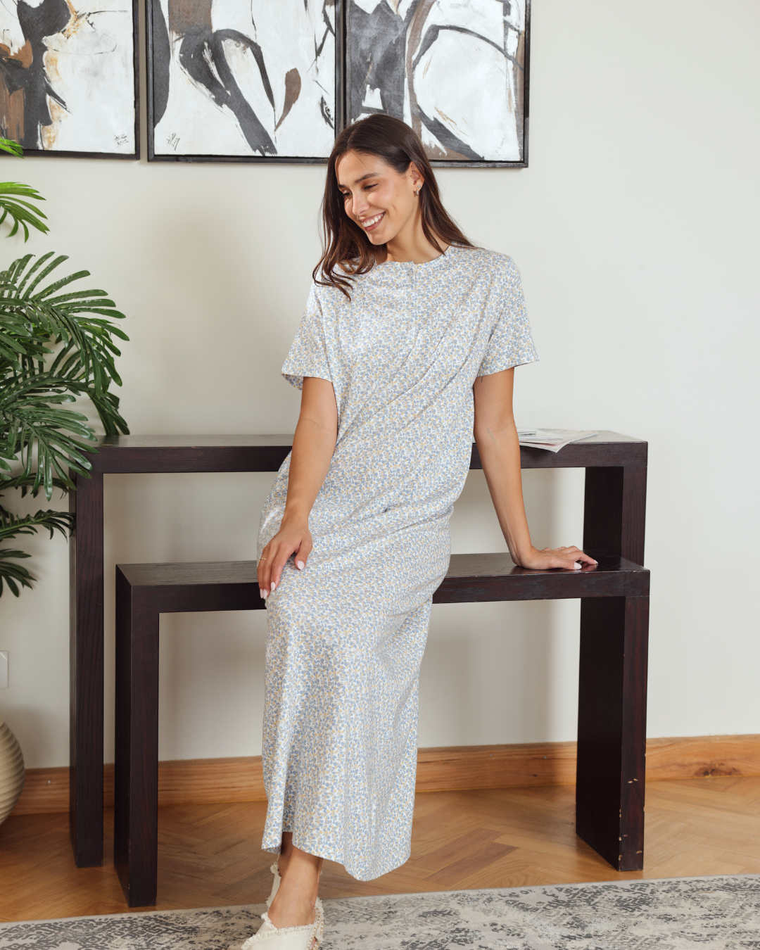 Women's Round Neck Half Sleeve Printed Night Shirt