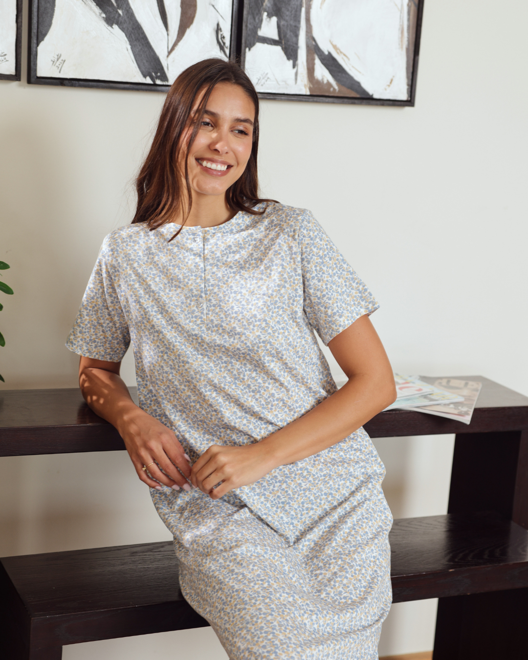 Women's Round Neck Half Sleeve Printed Night Shirt