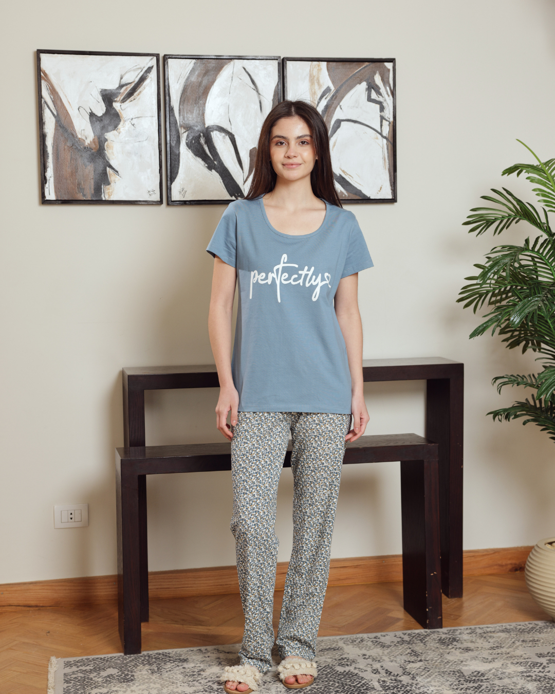 بيجاما حريمي نص كم سادة بنطلون مشجر