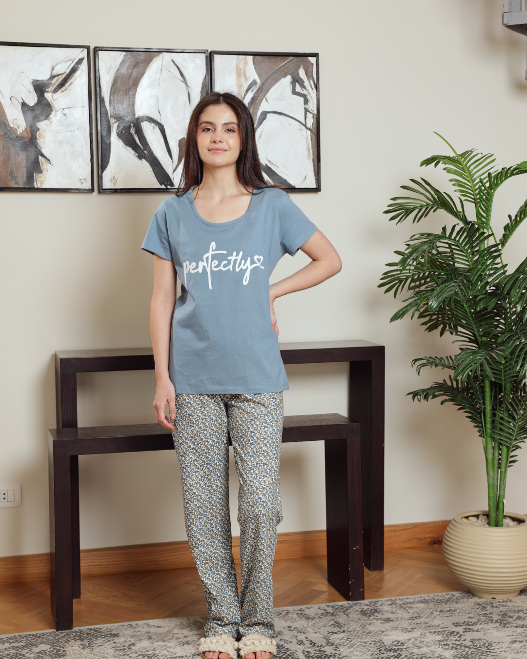 بيجاما حريمي نص كم سادة بنطلون مشجر