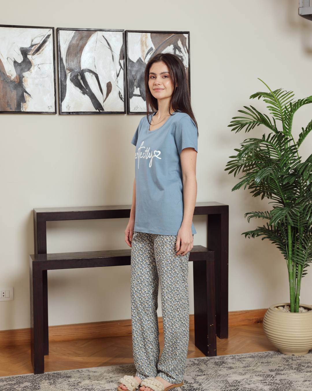 بيجاما حريمي نص كم سادة بنطلون مشجر