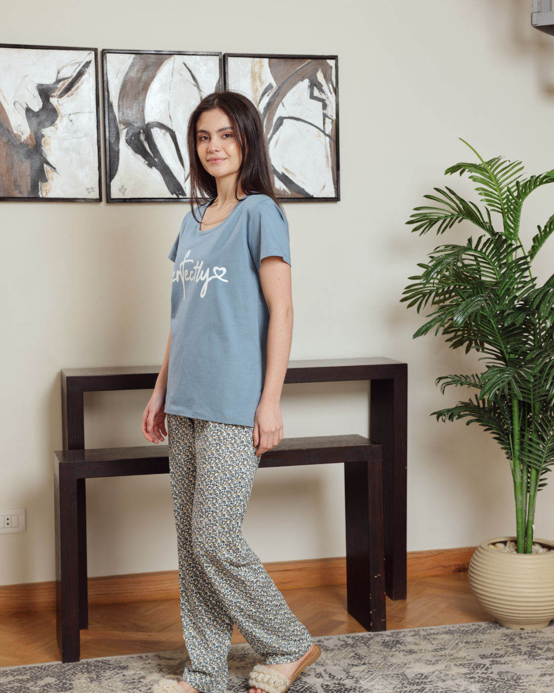 بيجاما حريمي نص كم سادة بنطلون مشجر