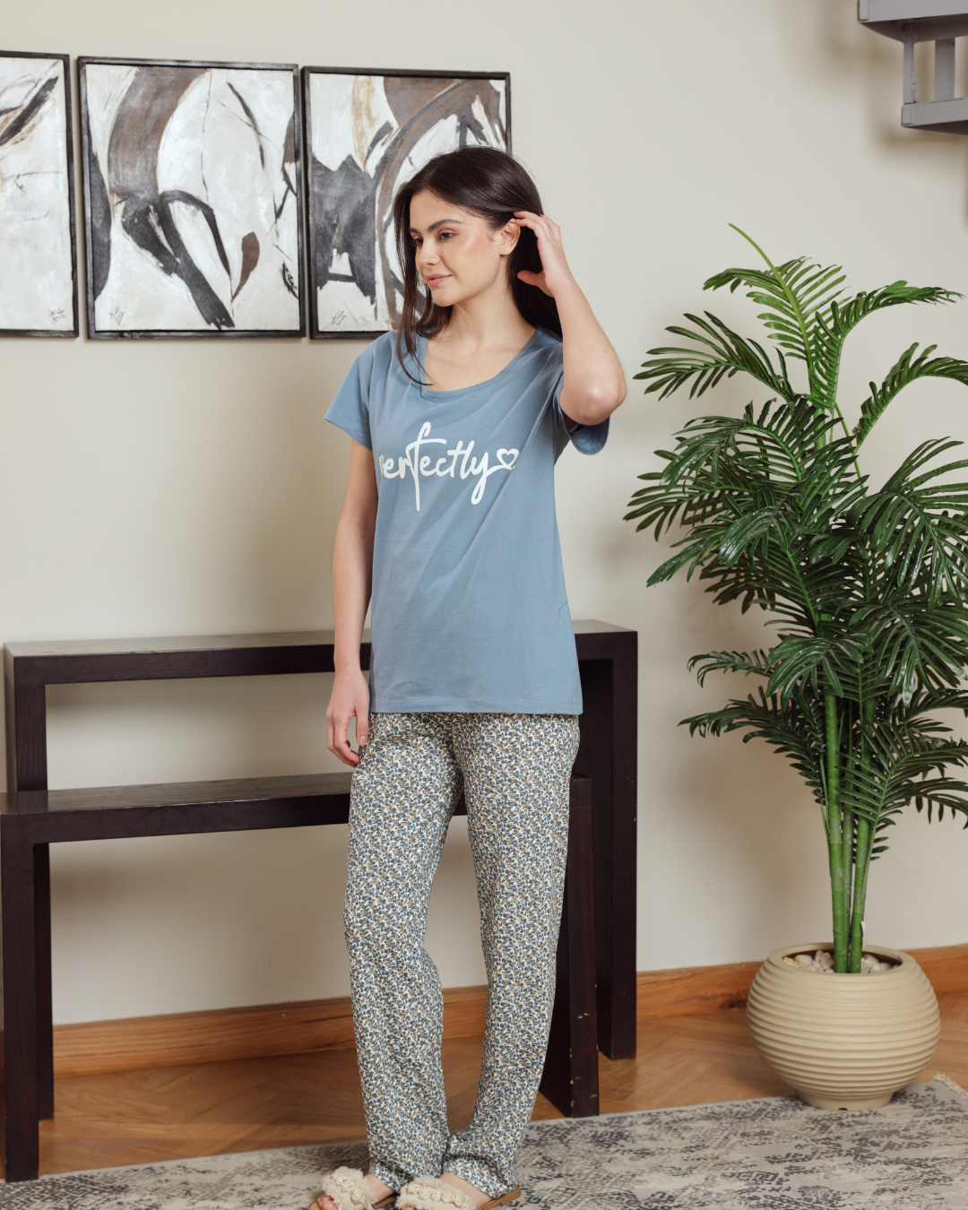 بيجاما حريمي نص كم سادة بنطلون مشجر