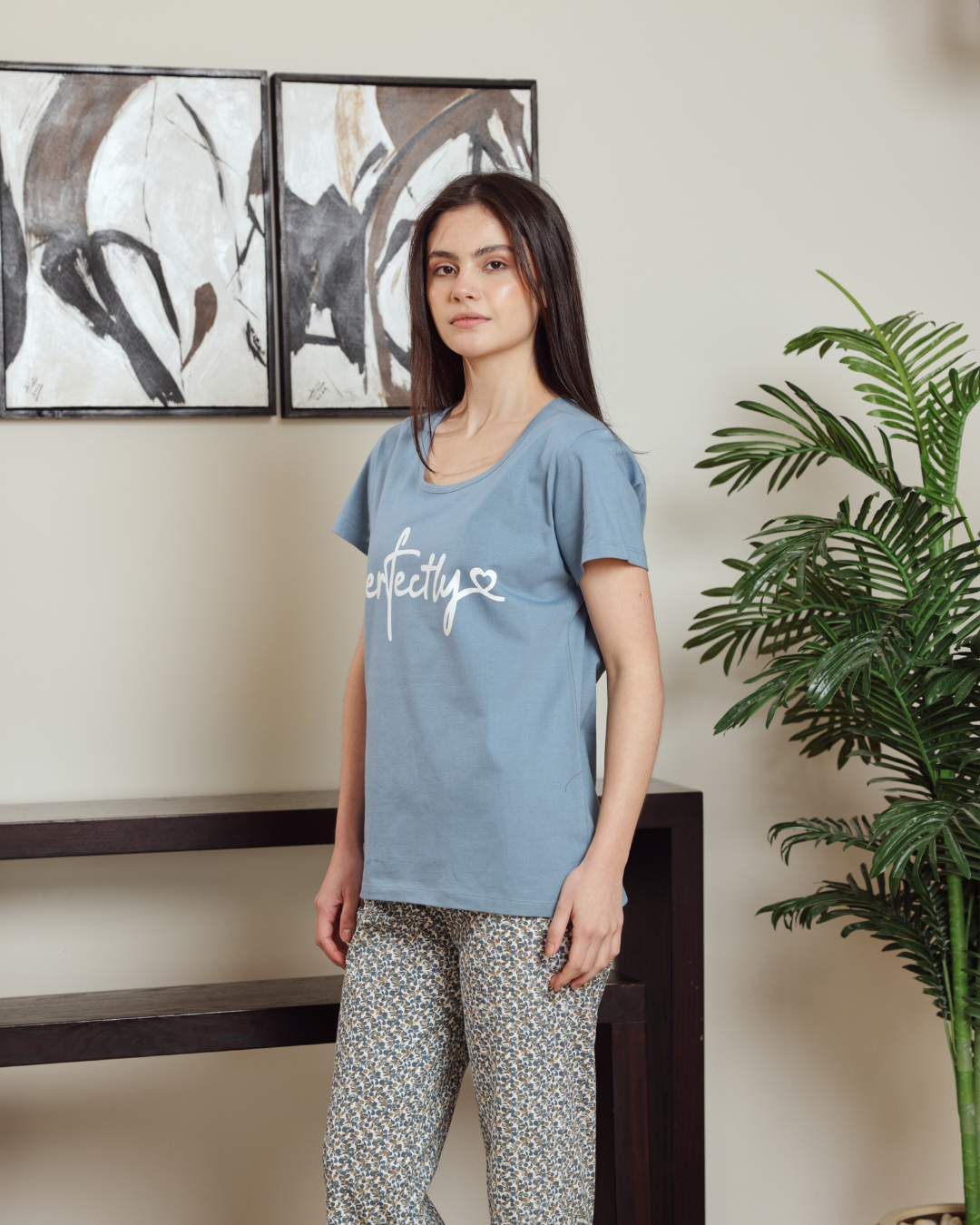 بيجاما حريمي نص كم سادة بنطلون مشجر