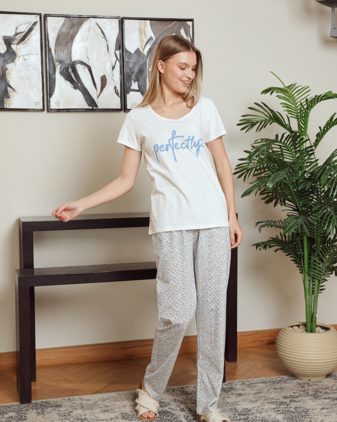 بيجاما حريمي نص كم سادة بنطلون مشجر