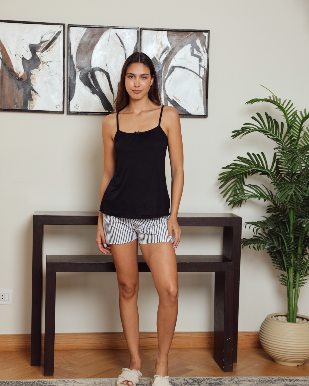 Women's pajamas with plain straps and striped shorts