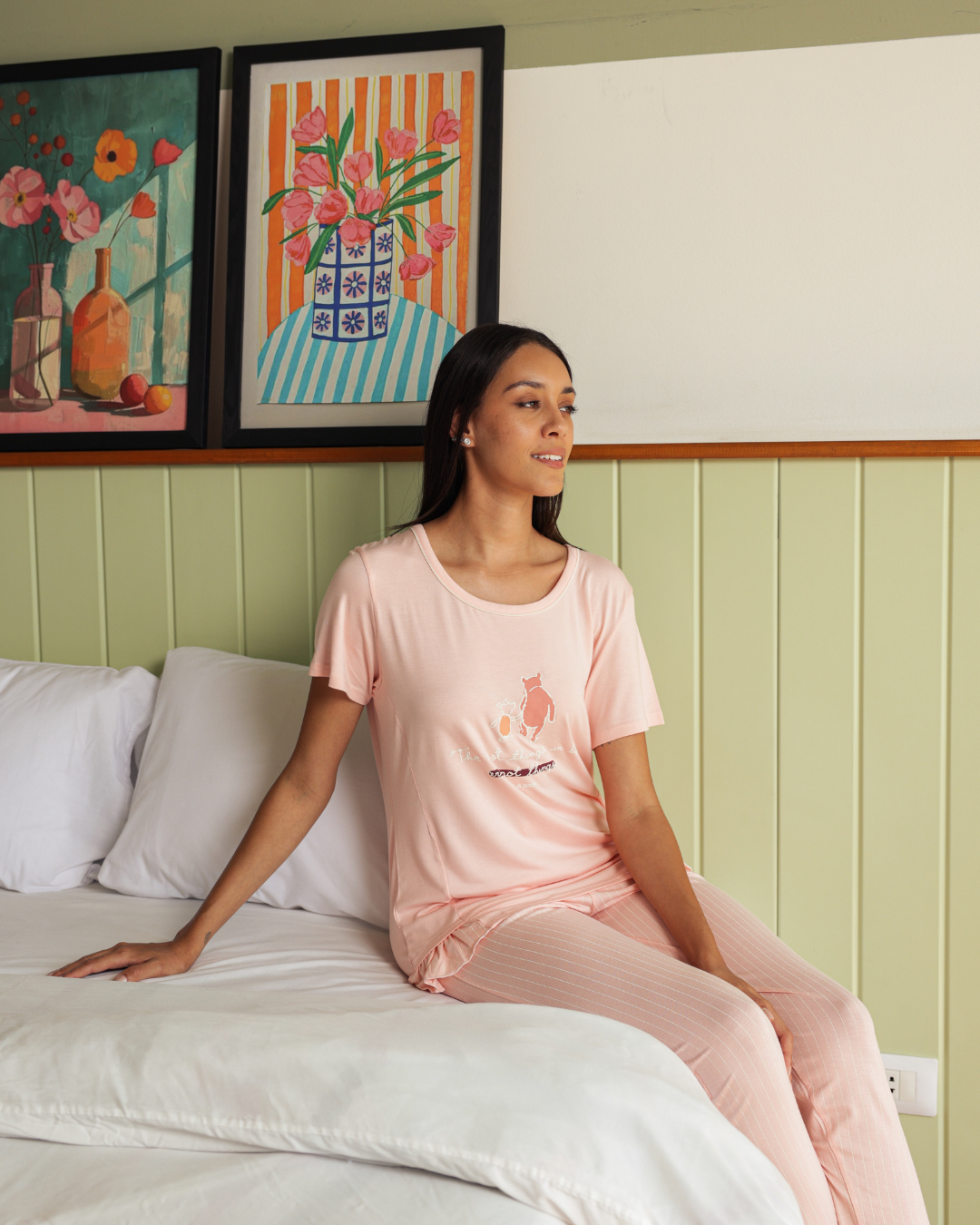 Women's pajamas half a quin long trousers print a small and striped bear