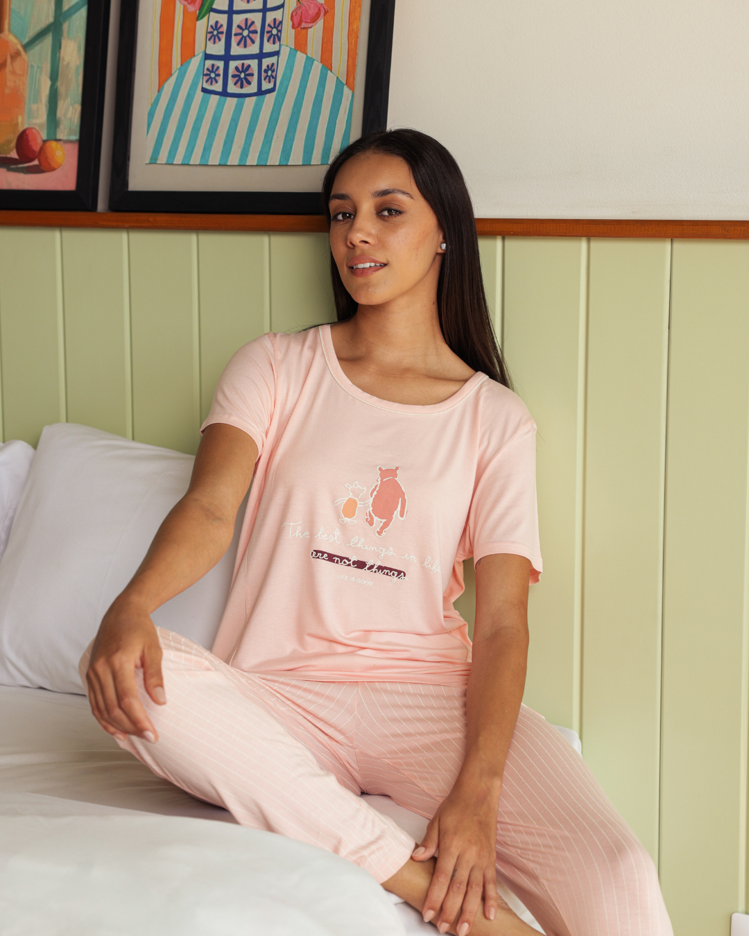 Women's pajamas half a quin long trousers print a small and striped bear