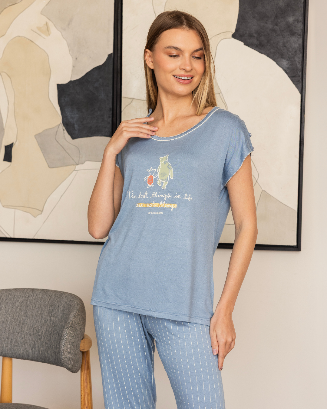 بيجاما حريمي نصف كم بنطلون بيرمودا طباعة دب صغير ومقلم