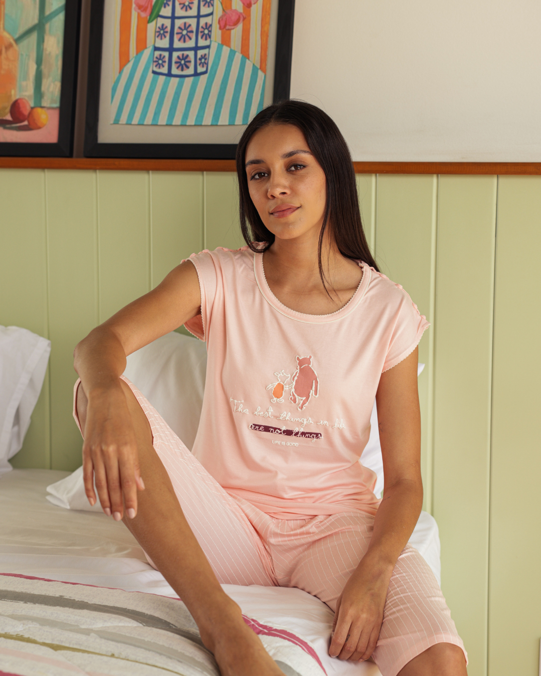 بيجاما حريمي نصف كم بنطلون بيرمودا طباعة دب صغير ومقلم