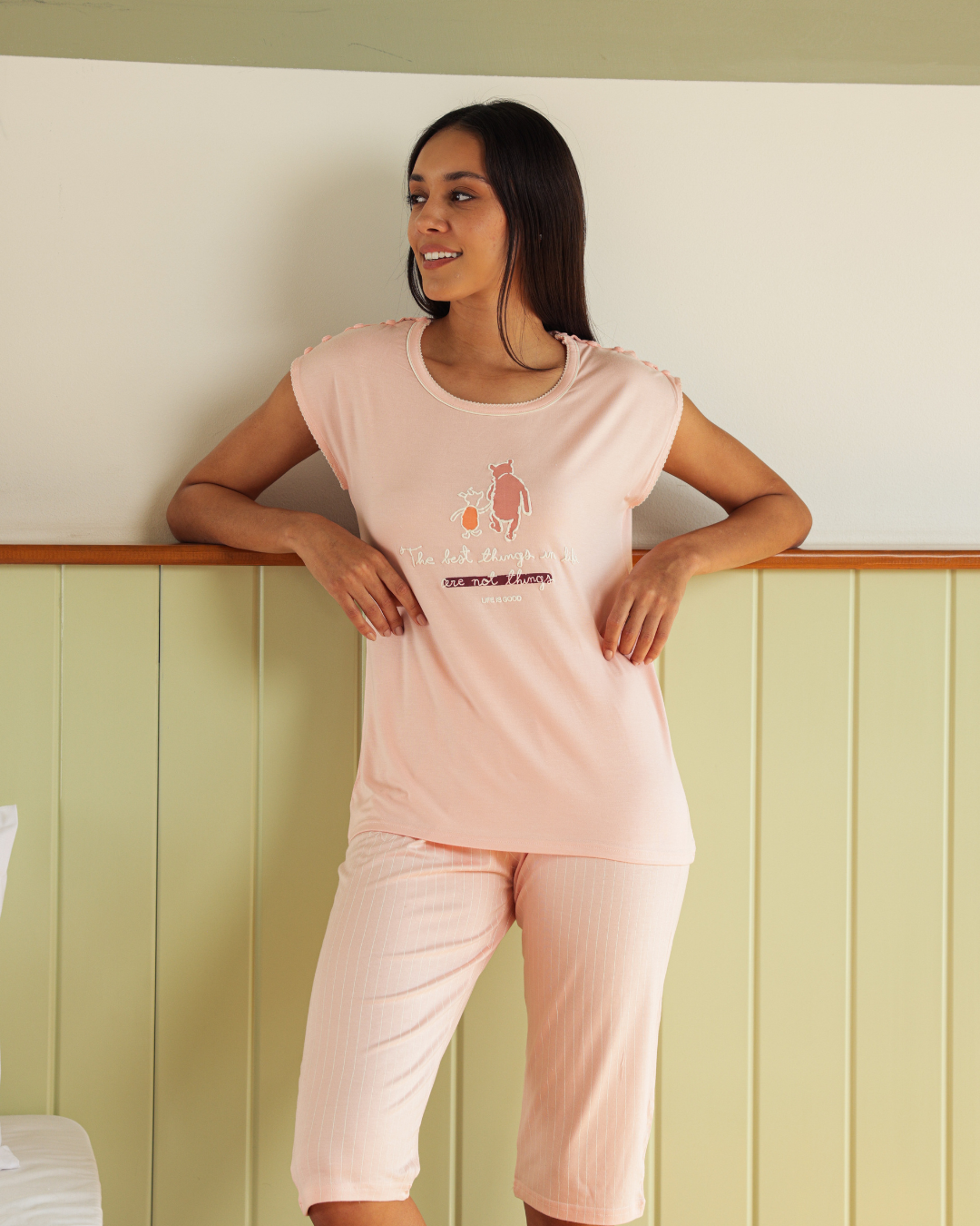 بيجاما حريمي نصف كم بنطلون بيرمودا طباعة دب صغير ومقلم