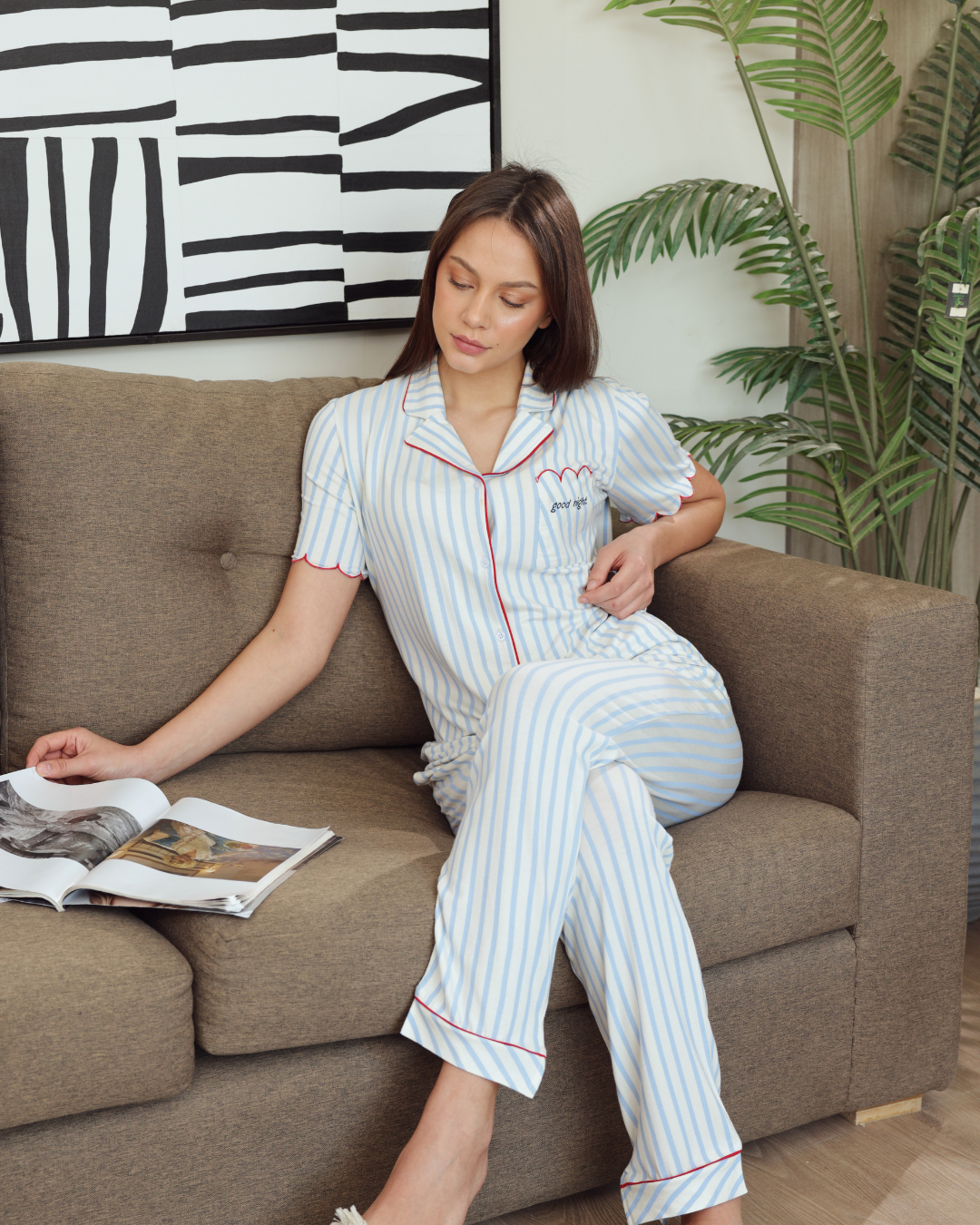 Women pajamas half how much buttons opened striped trousers and red embroidery