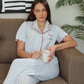 Women pajamas half how much buttons opened striped trousers and red embroidery