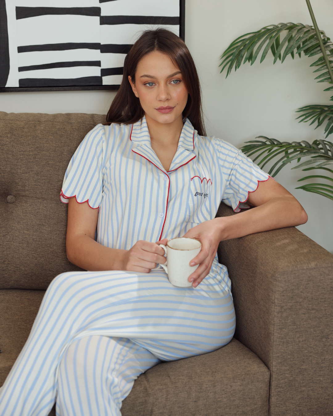 Women pajamas half how much buttons opened striped trousers and red embroidery