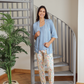 Women pajamas 3 pieces wide shoulder, long trousers, a short, a long sleeve print, branches of tree