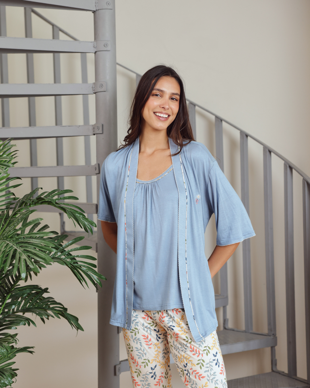 Women pajamas 3 pieces wide shoulder, long trousers, a short, a long sleeve print, branches of tree