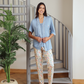 Women pajamas 3 pieces wide shoulder, long trousers, a short, a long sleeve print, branches of tree