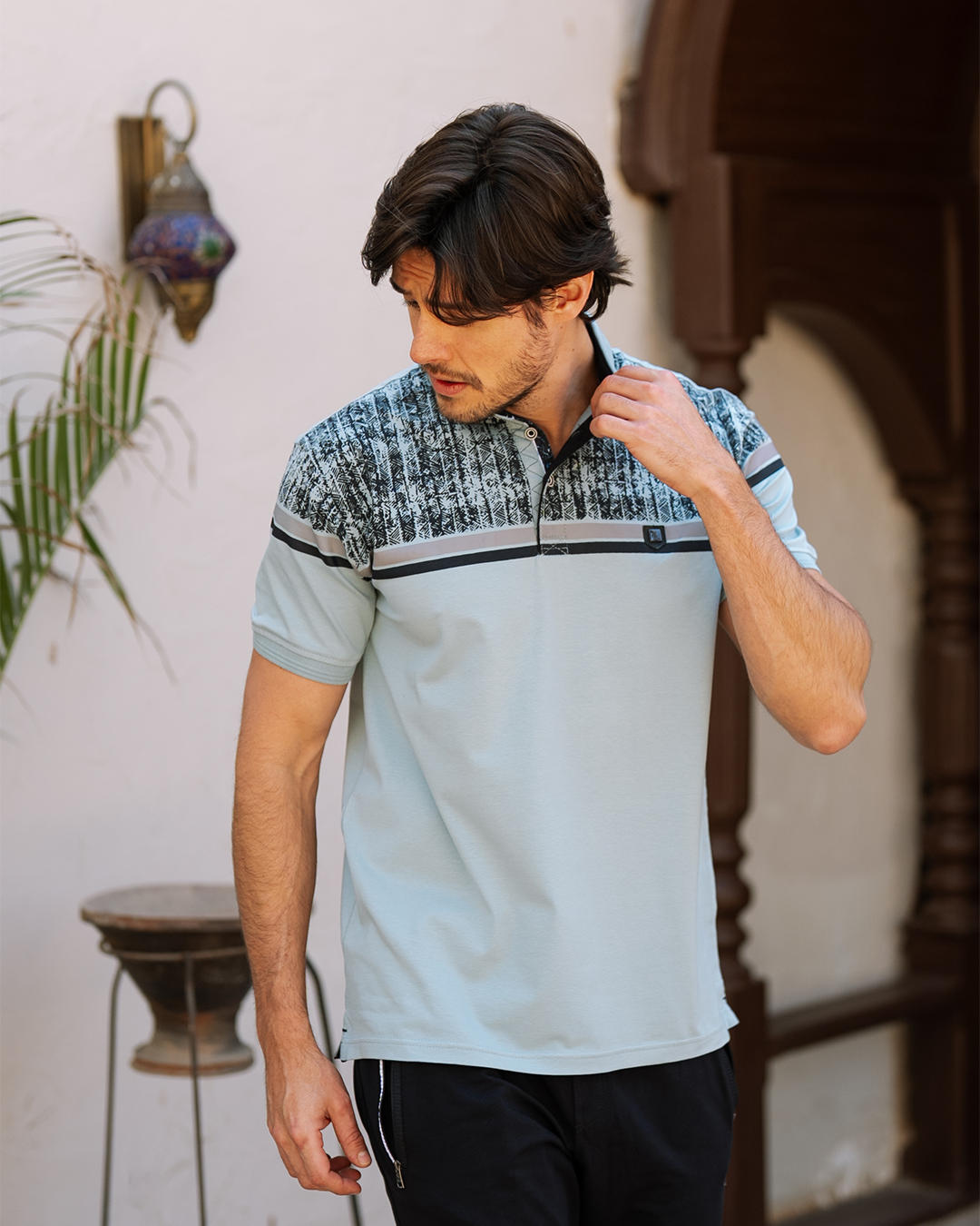 Basic بيجاما رجالي نص كم مشجرة بياقة و بنطلون