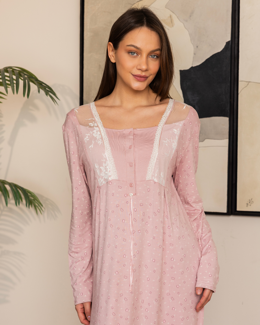 نايت شيرت طويلة نصف كم طباعة قلوب صغيرة