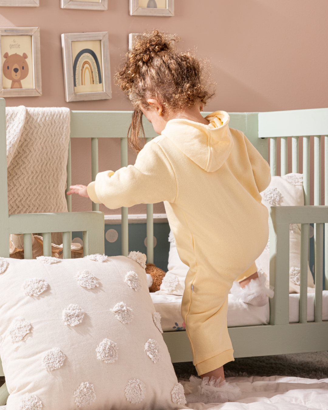 Sky baby jumpsuit with printed hood