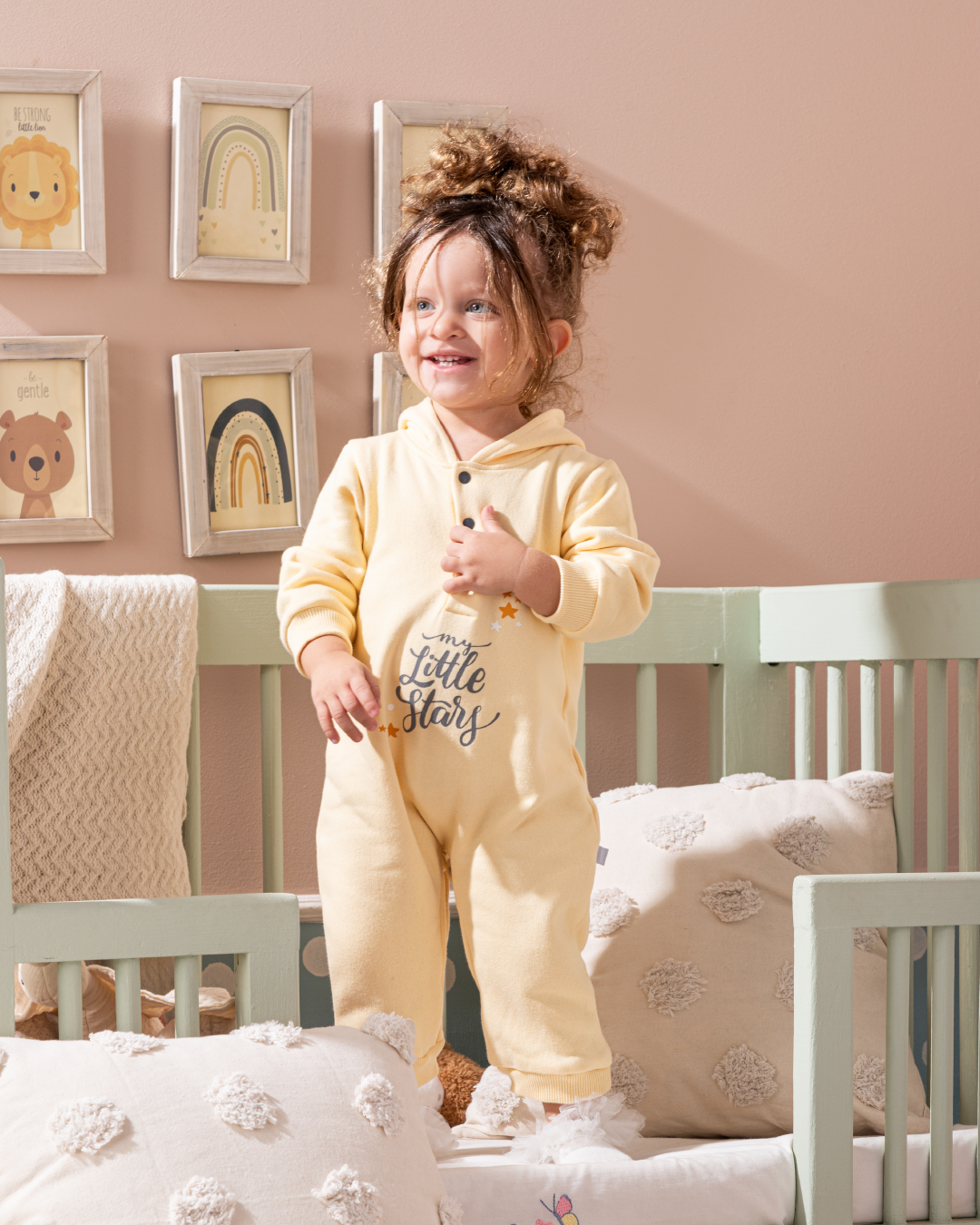 Sky baby jumpsuit with printed hood