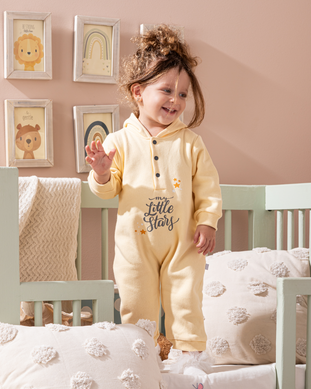 Sky baby jumpsuit with printed hood