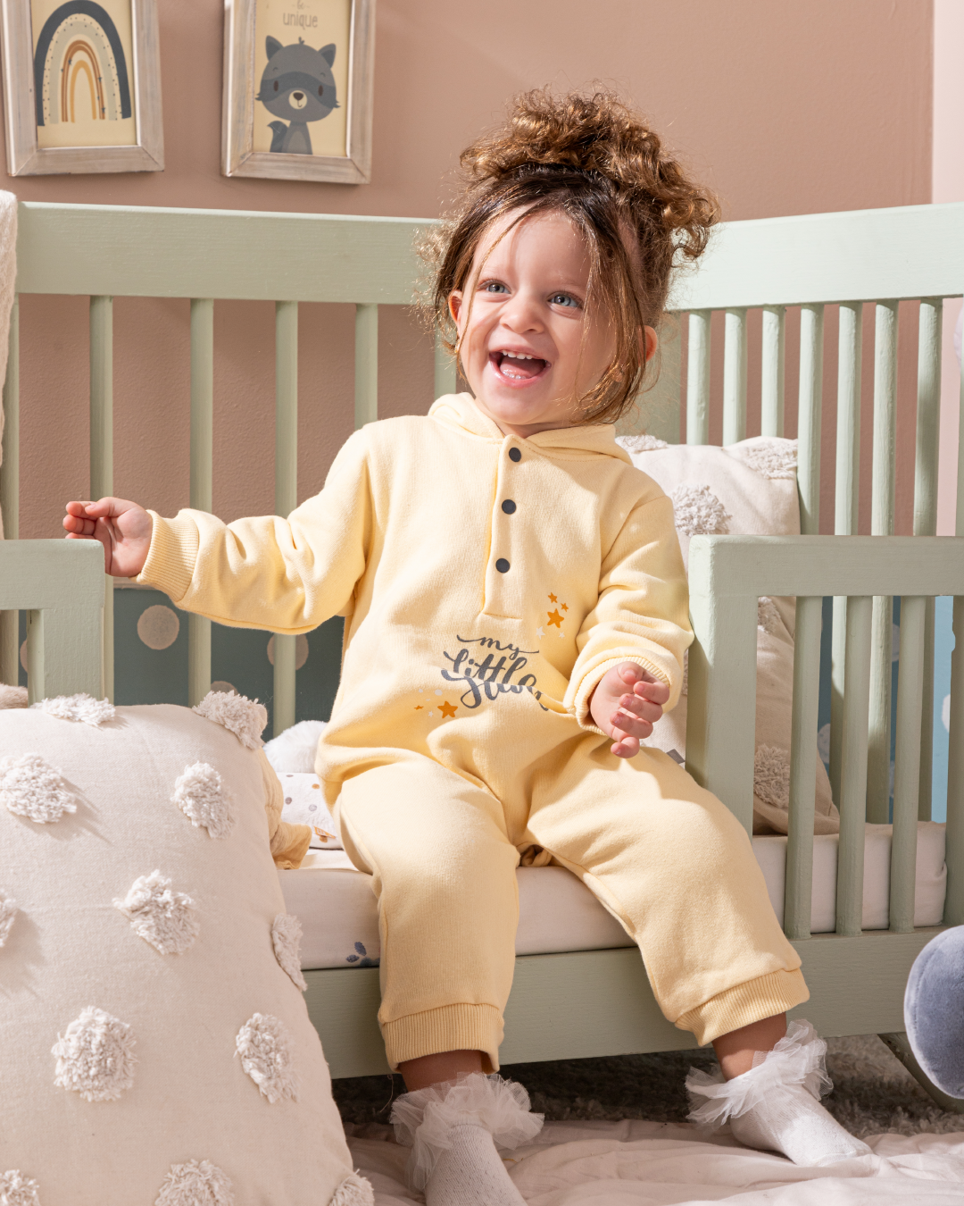 Sky baby jumpsuit with printed hood