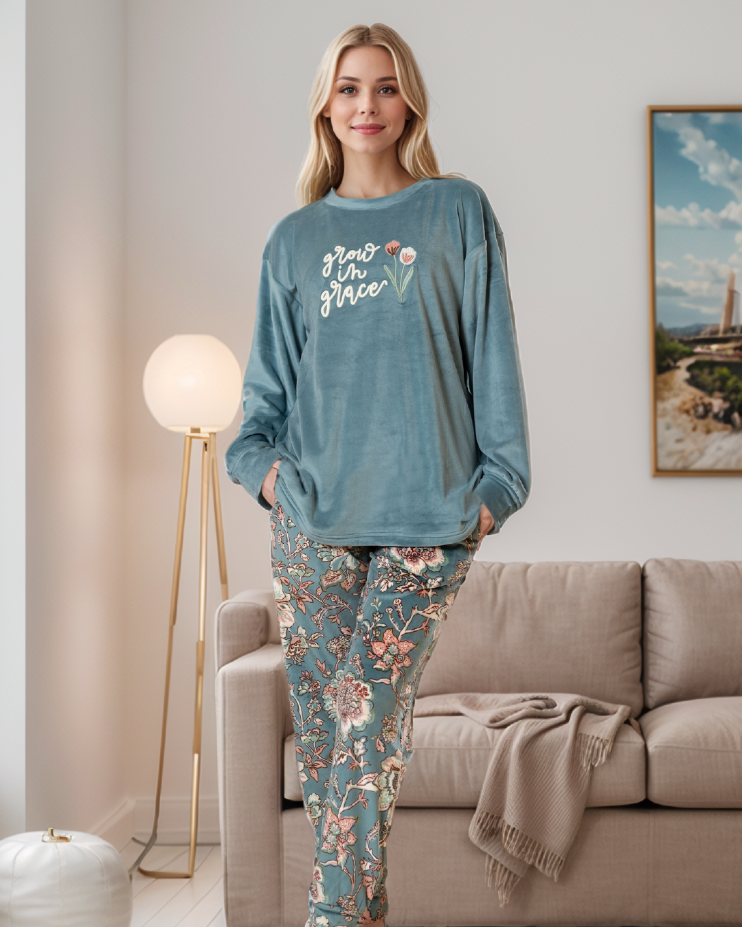 Growe بيجامه حريمي بنطلون ورد و بدي منت