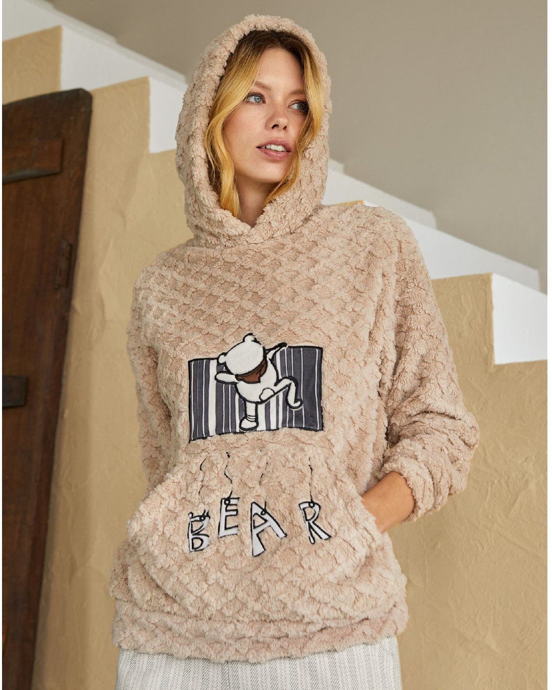 BEAR Women's fur pajamas with a teddy bear hood on the chest and striped pants