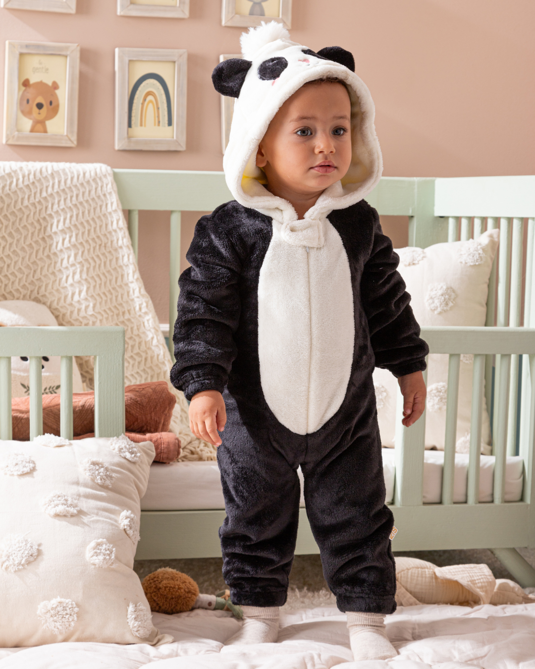 baby panda baby jumpsuit with cabochon and polar zippers lined with fur