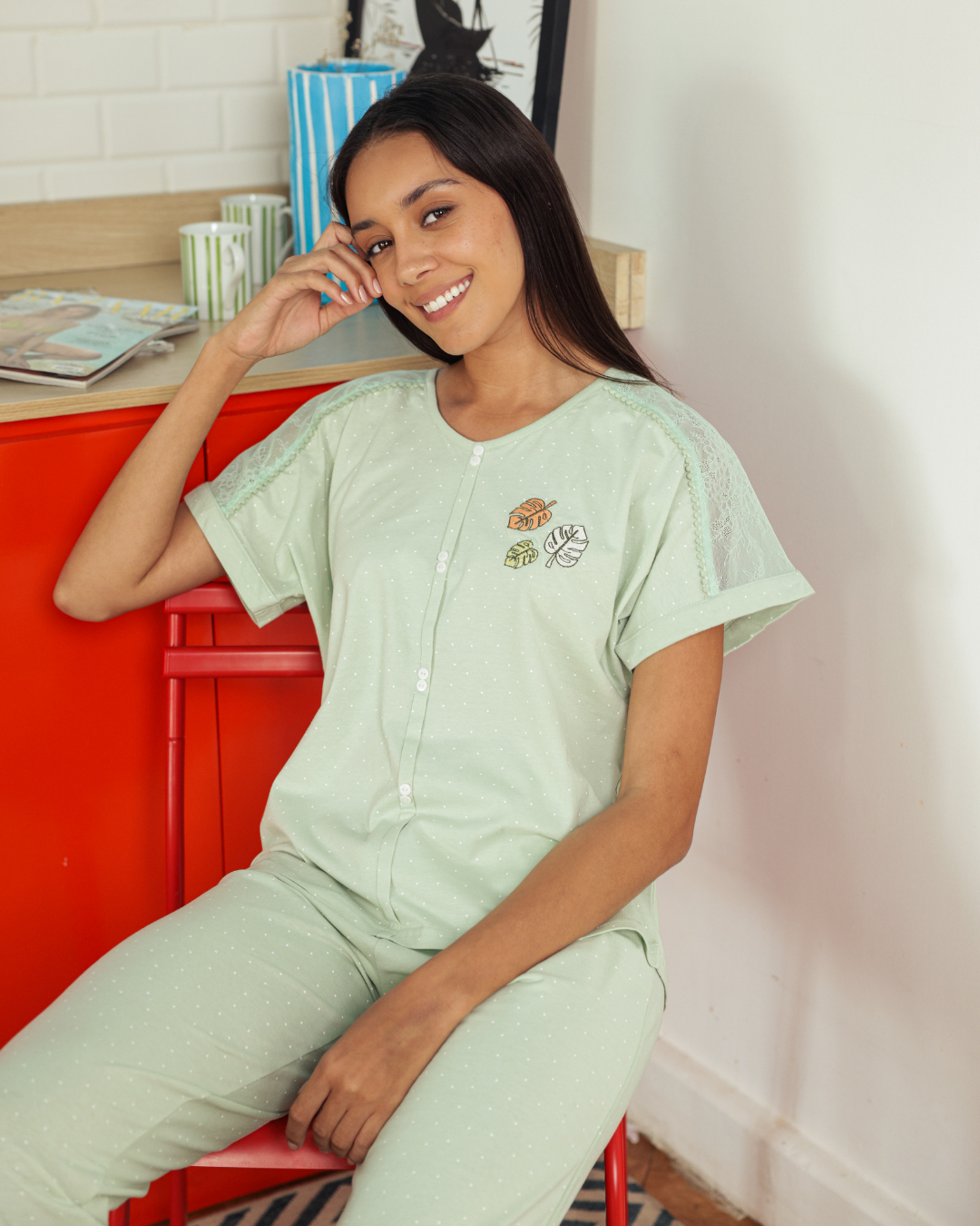 بيجاما حريمي نصف كم بنطلون طويل تطريز كم دانتيل