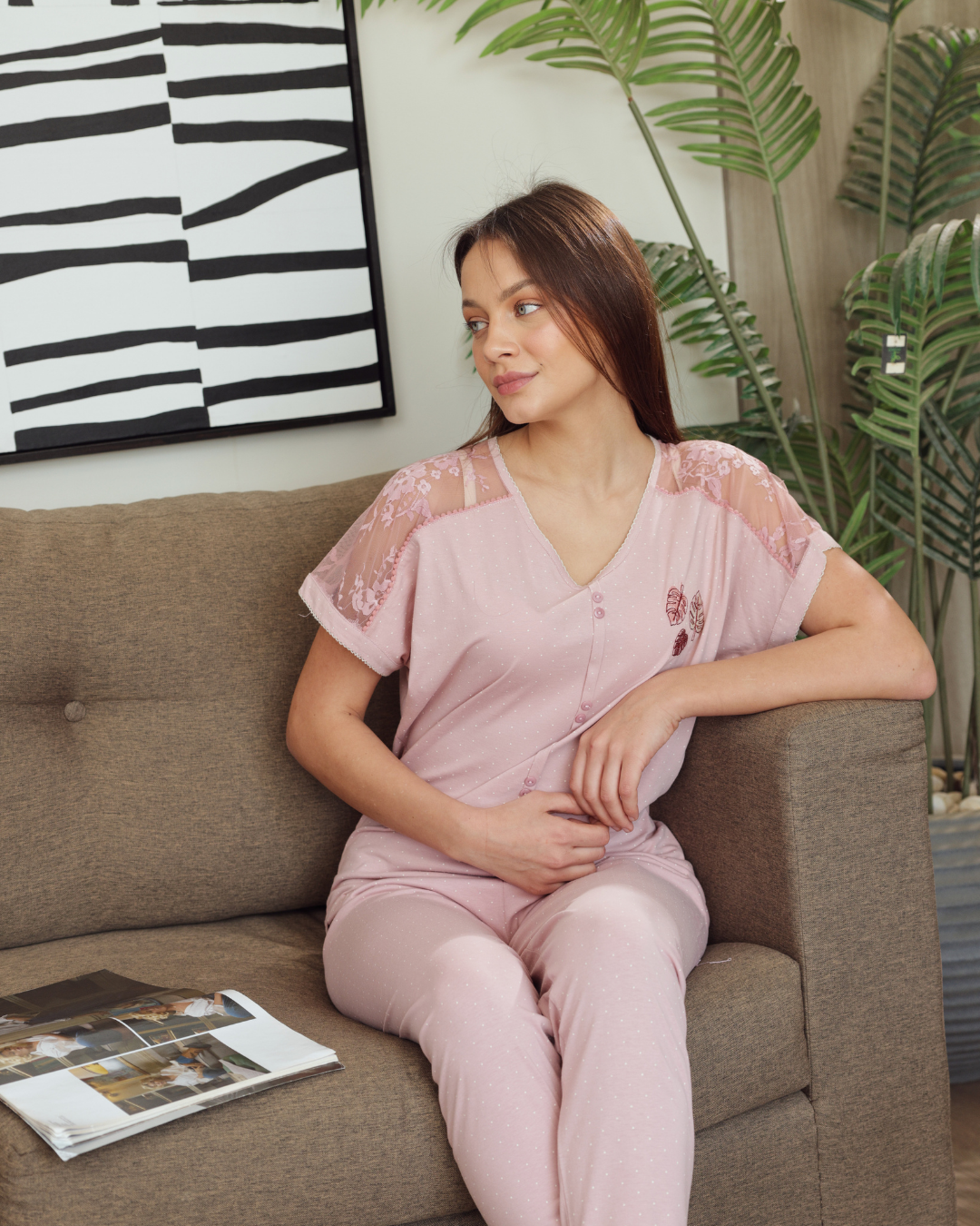 بيجاما حريمي نصف كم بنطلون طويل تطريز كم دانتيل