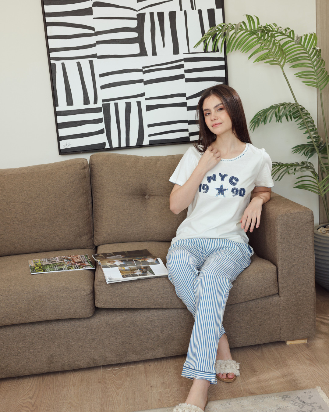 بيجاما حريمي نصف كم بنطلون طويل طباعة مقلم تطريز جينز