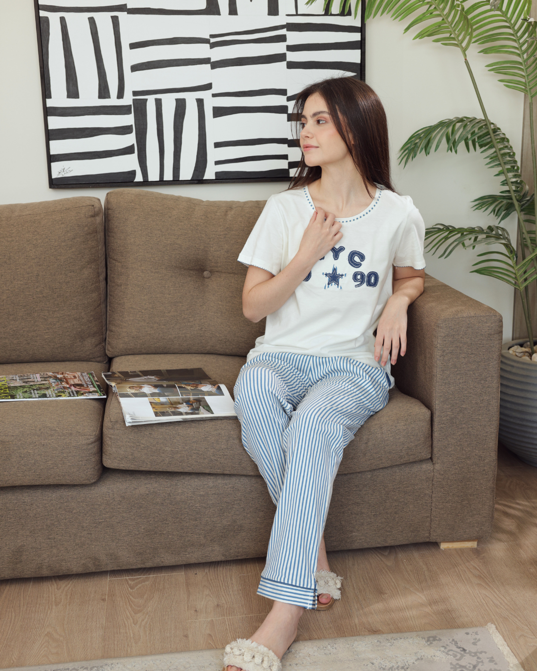 بيجاما حريمي نصف كم بنطلون طويل طباعة مقلم تطريز جينز