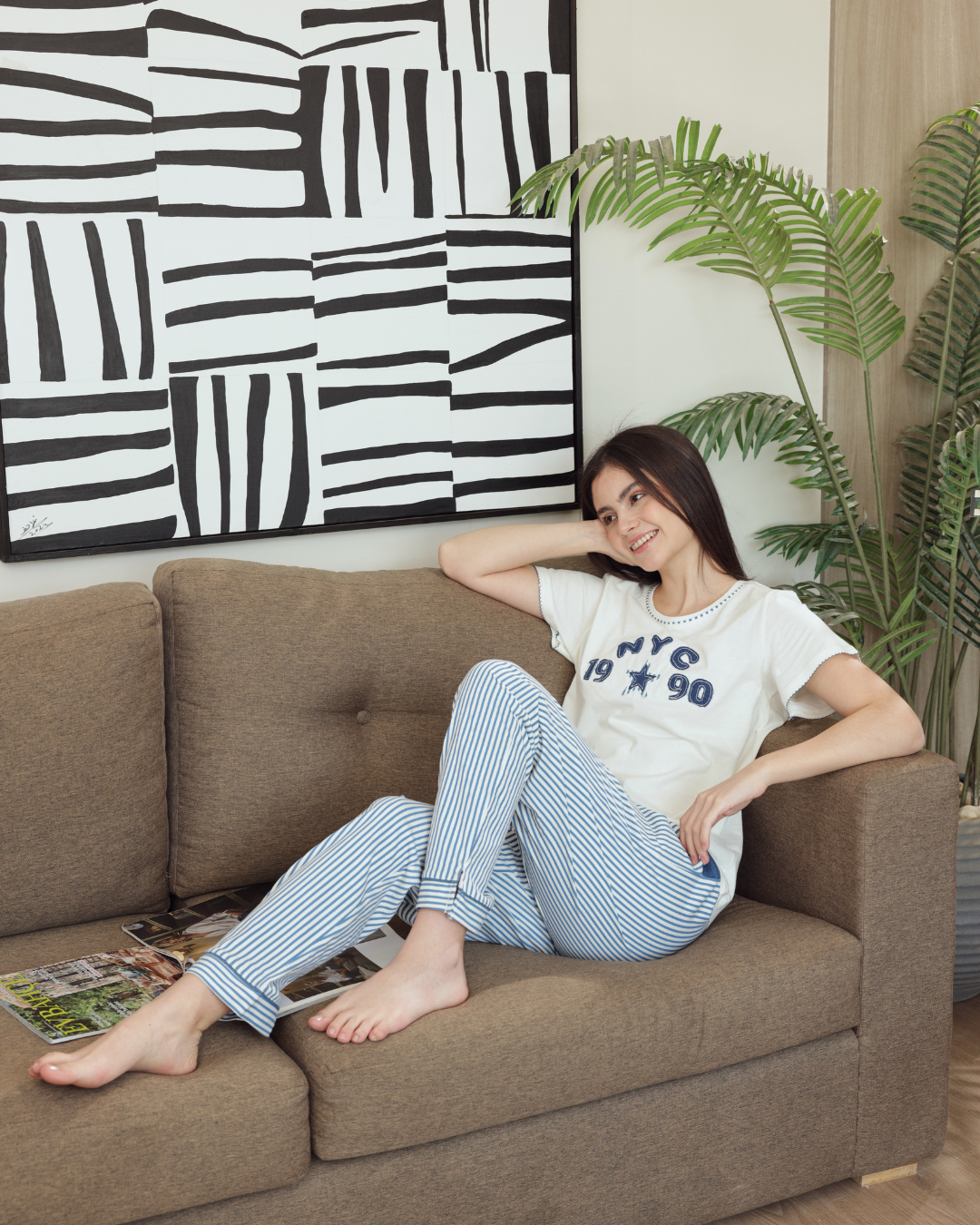 بيجاما حريمي نصف كم بنطلون طويل طباعة مقلم تطريز جينز