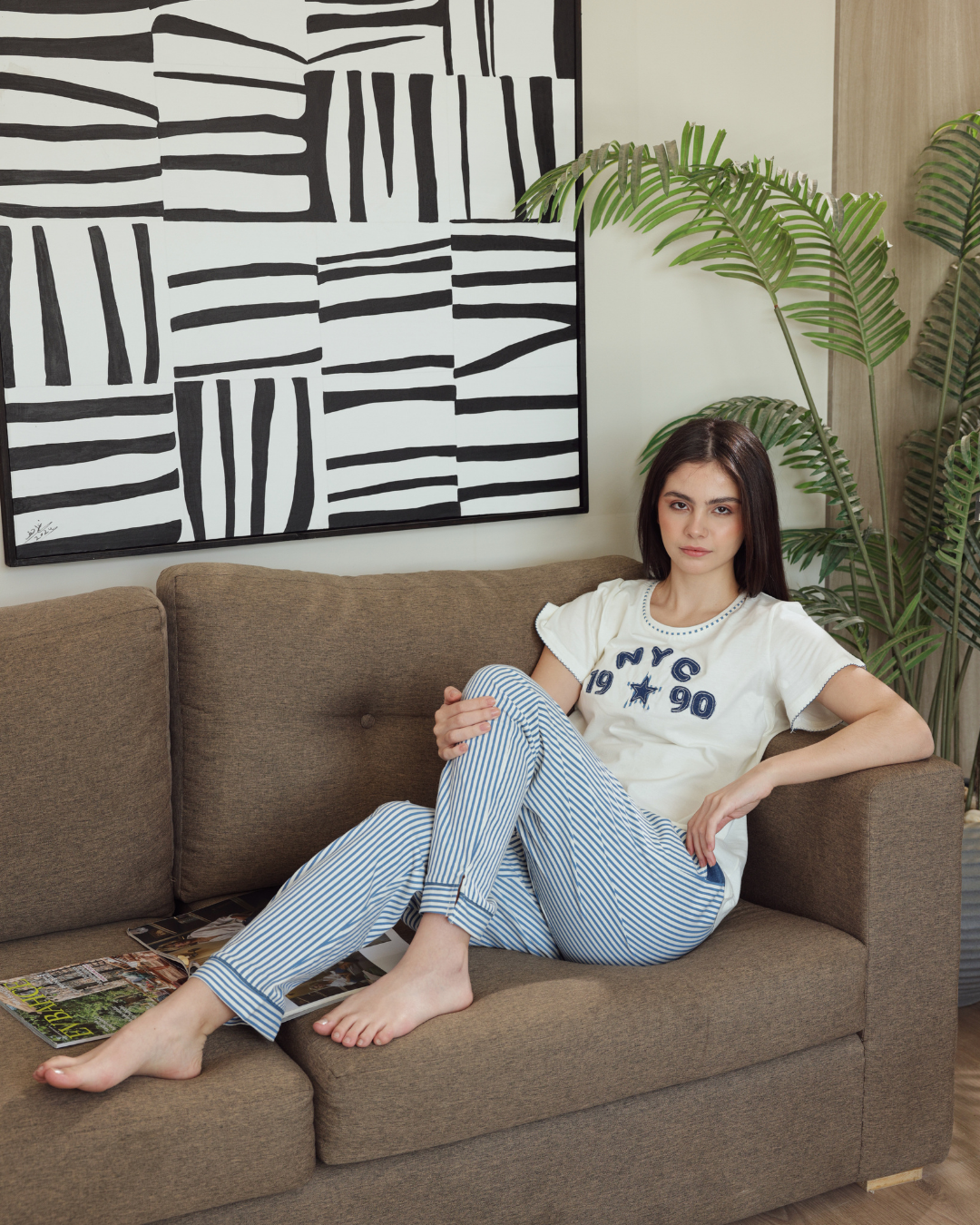 بيجاما حريمي نصف كم بنطلون طويل طباعة مقلم تطريز جينز