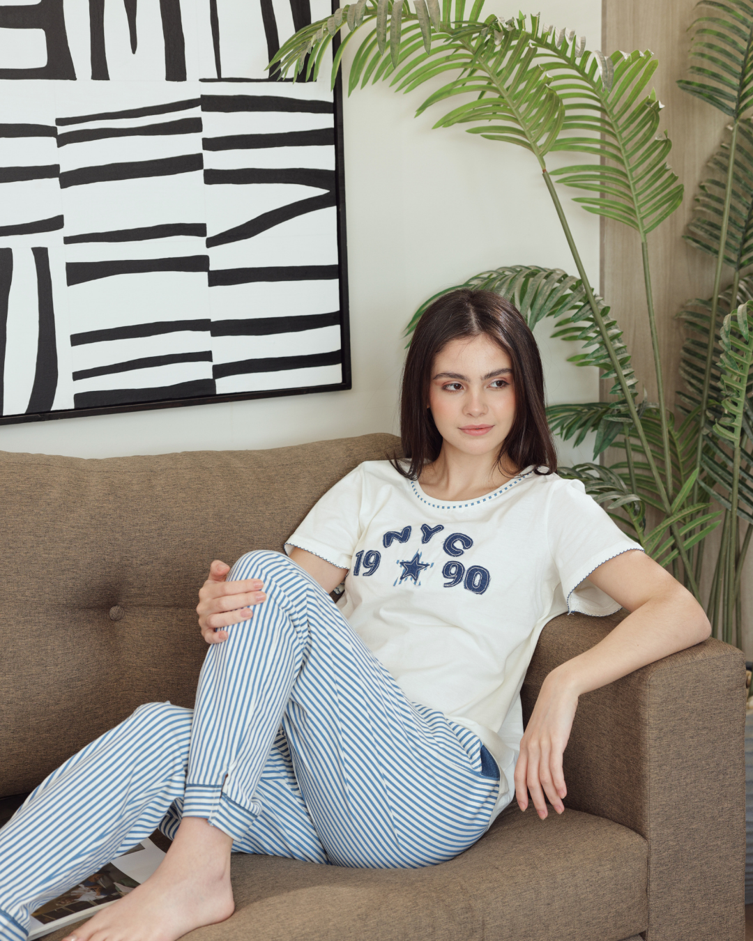 بيجاما حريمي نصف كم بنطلون طويل طباعة مقلم تطريز جينز