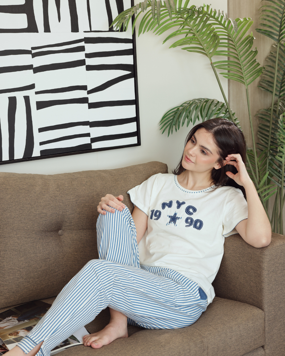 بيجاما حريمي نصف كم بنطلون طويل طباعة مقلم تطريز جينز