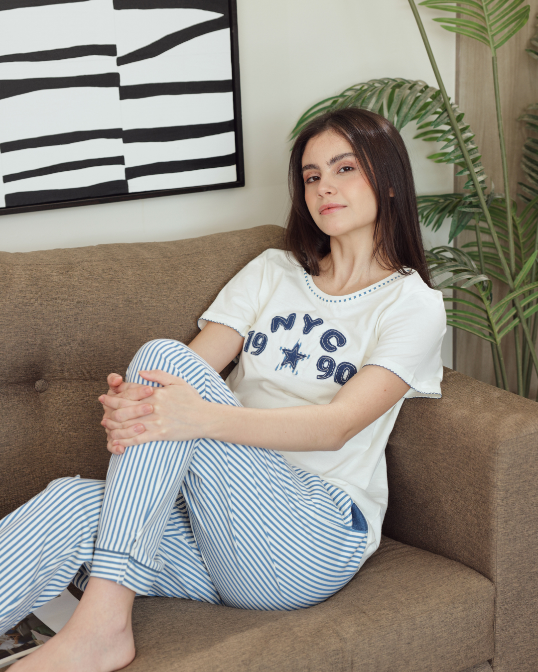 بيجاما حريمي نصف كم بنطلون طويل طباعة مقلم تطريز جينز