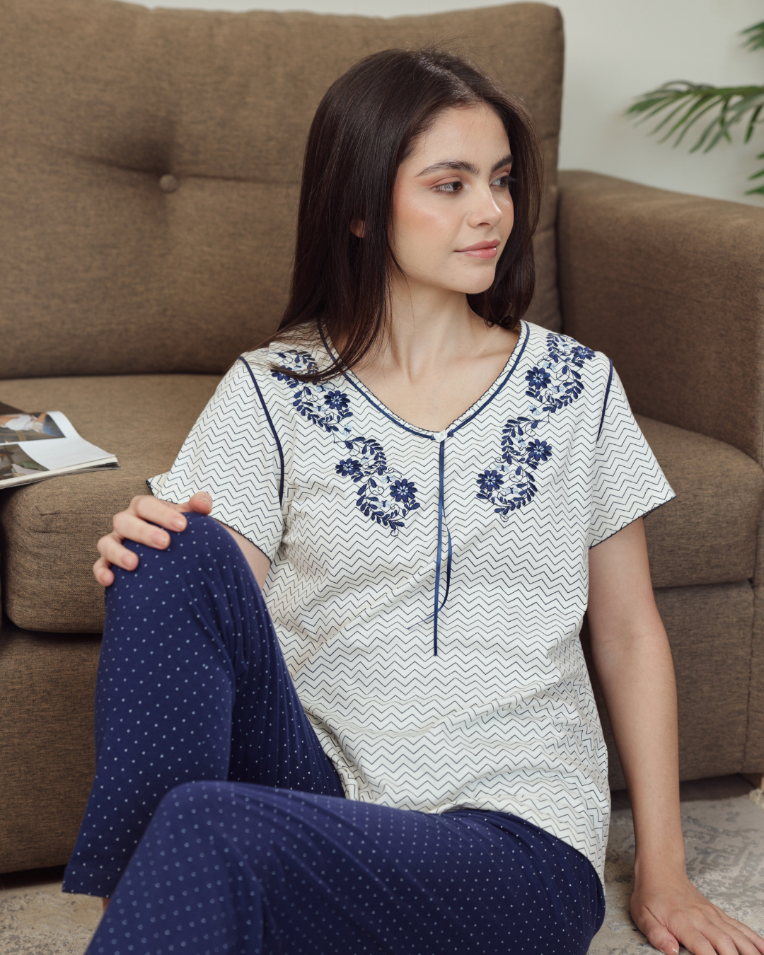 بيجاما حريمي نصف كم بنطلون طويل طباعة زجزاج مع منقط