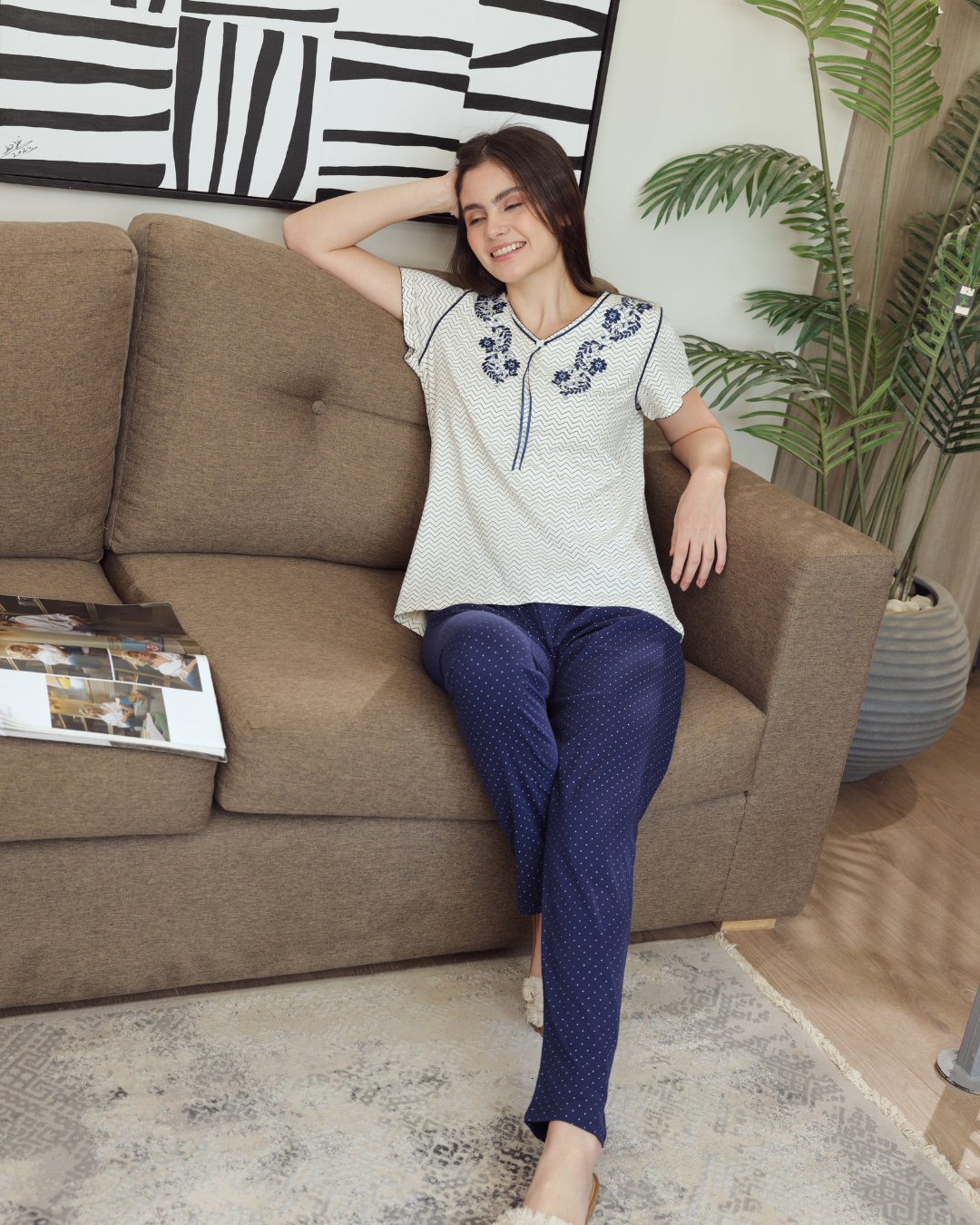 بيجاما حريمي نصف كم بنطلون طويل طباعة زجزاج مع منقط