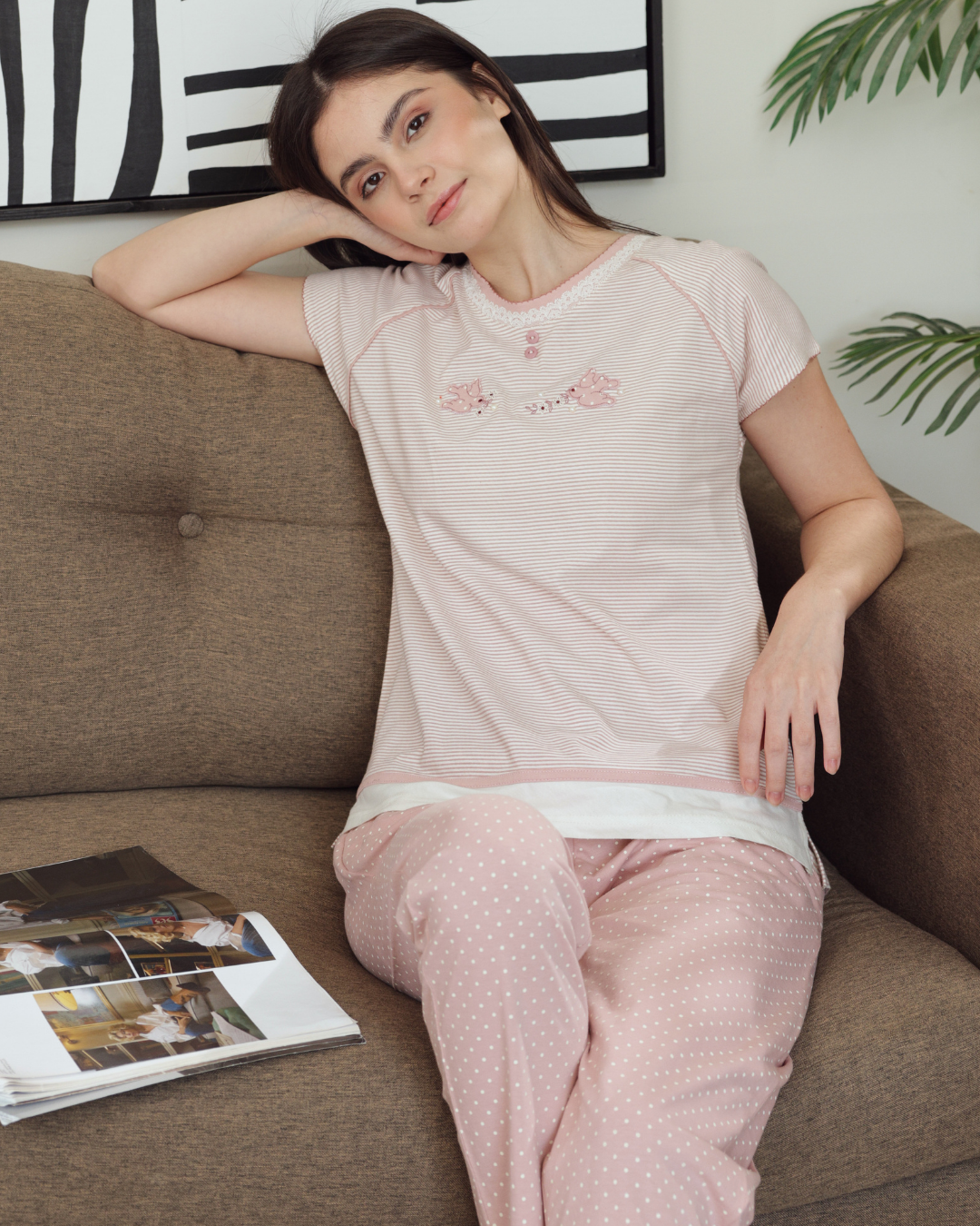 Women's pajamas half a quin long trousers pencil, embroidery, sparrow