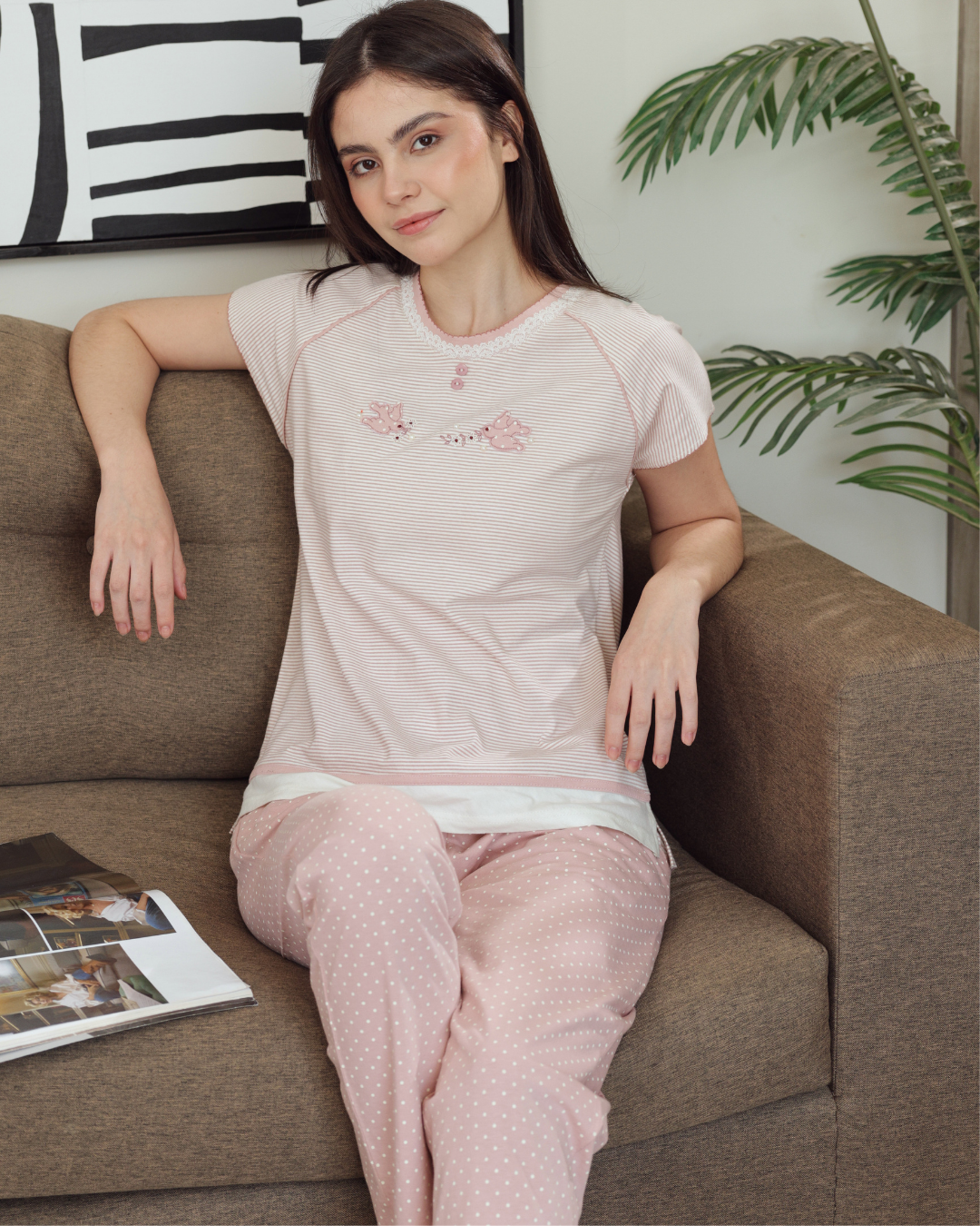 Women's pajamas half a quin long trousers pencil, embroidery, sparrow