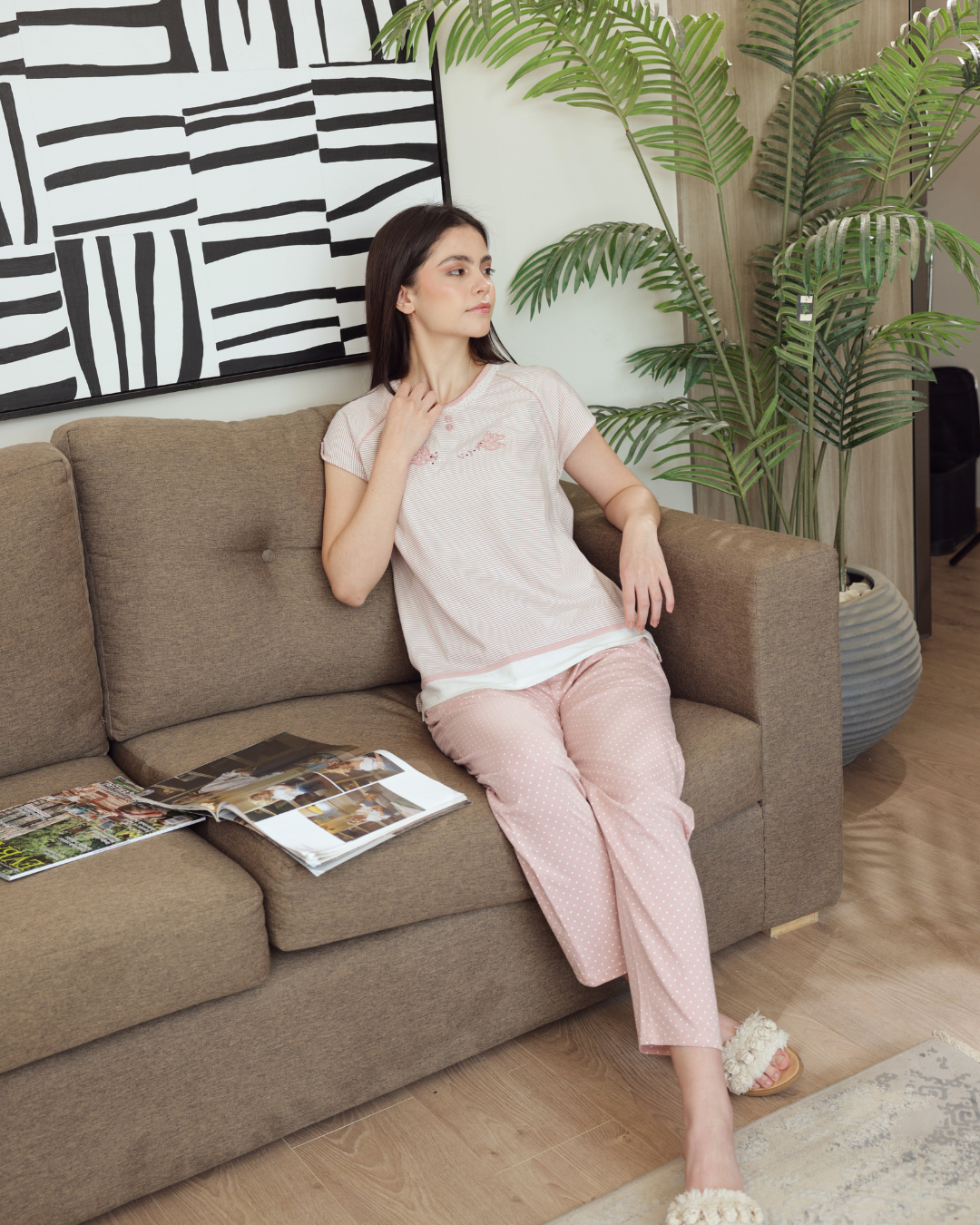 Women's pajamas half a quin long trousers pencil, embroidery, sparrow