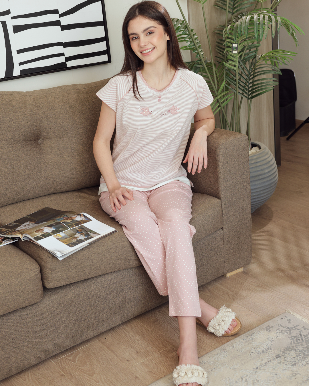 Women's pajamas half a quin long trousers pencil, embroidery, sparrow