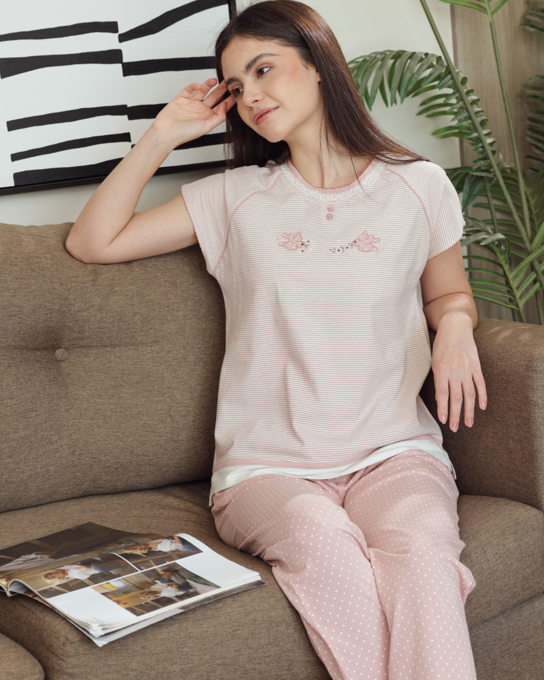 Women's pajamas half a quin long trousers pencil, embroidery, sparrow