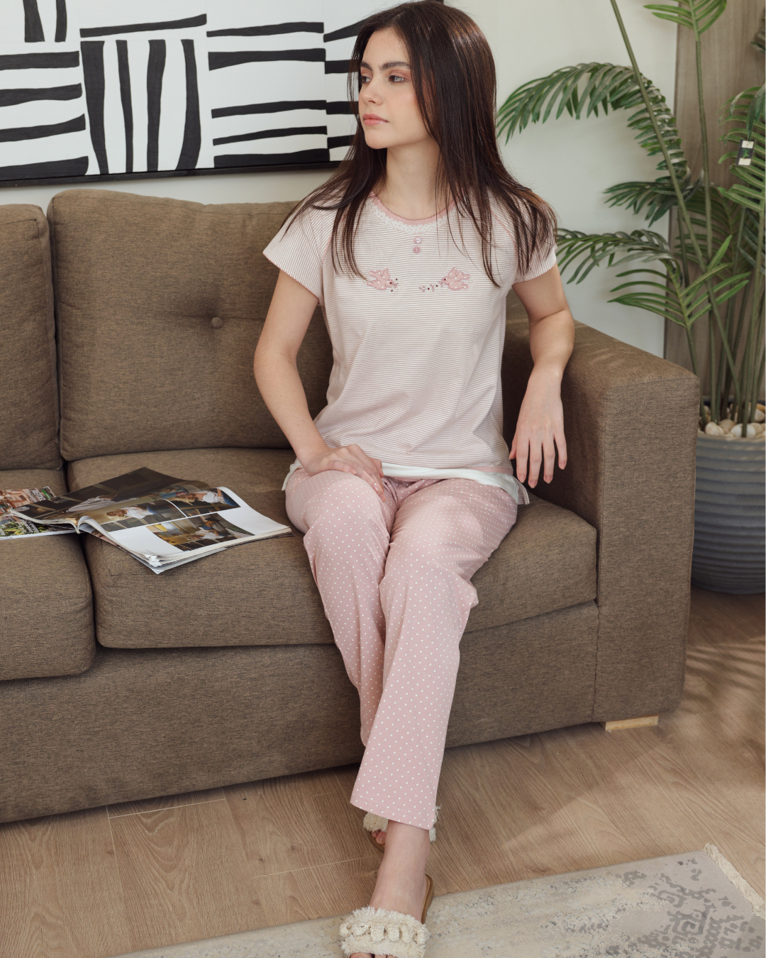 Women's pajamas half a quin long trousers pencil, embroidery, sparrow